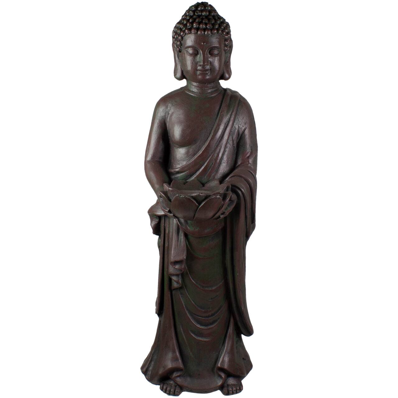 19.5" Dark Brown Standing Buddha with Lotus Outdoor Garden Statue